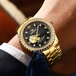 FNGEEN Reloj de pulsera para hombre, con espejo de cristal recubierto, resistente al agua, mecánico, automático, tallado en hueco, dorado, Unisex, estilo británico