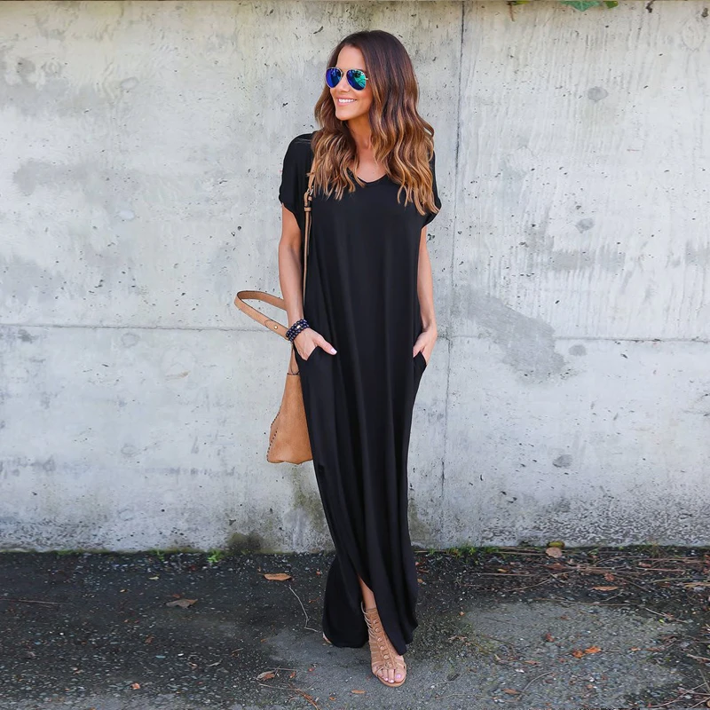 

Summer Irregular Loose Large V Neck with Pockets Solid Casual Maxi Dress Long Casual Patchwork Basic Cotton Floor-Length Dress