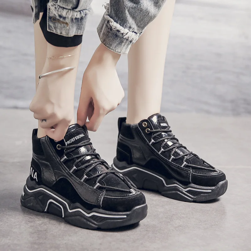 

INS Fashion Super Fire Dad Shoes Women's 2019 Autumn New Style Thick Bottomed High-Top Shoes plus Velvet Warm Versatile Sports T