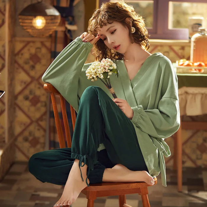

Korean 2020 Spring New Style Pure Cotton Comfortable Cardigan Lace-up Pajamas Two-Piece Women's Loose-Fit Solid Color V-neck Hom