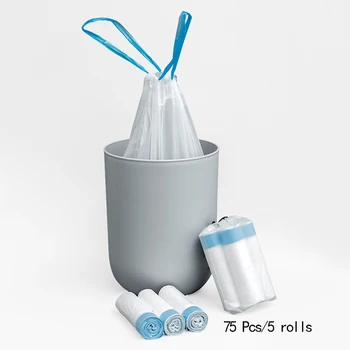 

75 Pcs/Set Stringing Type Trash Bags Household Kitchen Disposable Plastic Bags Hotel Cleaning Transparent White Garbage Bags