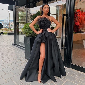 

New Arrival Strapless Slit A Line Wedding Prom Long Gown Evening Dress Black