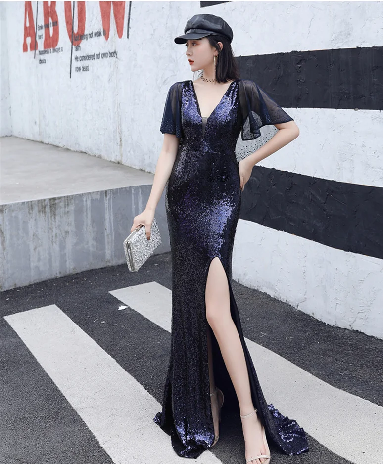 navy blue Vestidos, новинка, черное платье русалки для выпускного вечера, вечернее платье, сексуальное, с открытой спиной, с рукавом-бабочкой, Trajes De Fiesta De Gala Para Mujer - Цвет: navy blue