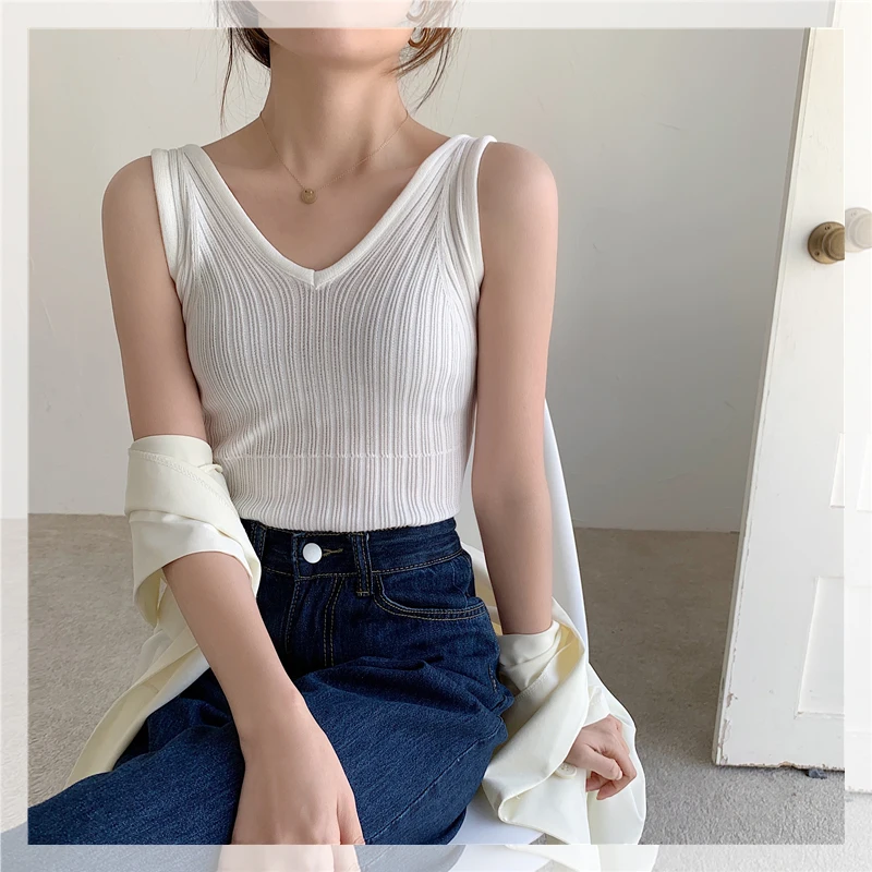 : Для вязаная в рубчик без рукавов для женщин летние комплекты с футболками и