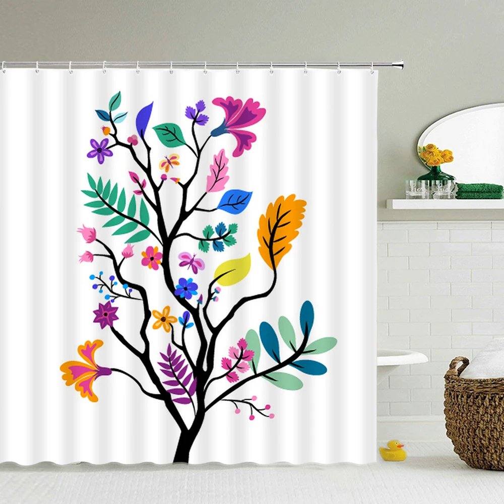

Colorful Flowers Trees Leaves Printed 3d Bath Curtains Waterproof Polyester Washable Bathroom Shower Curtain Screen With Hooks