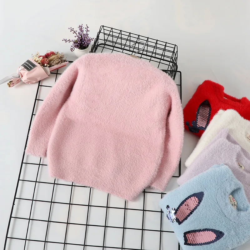 

2019 Autumn And Winter New Style GIRL'S Sweater Faux Mink Cashmere Cartoon Sequin Korean-style Children Western Style Sweater GI