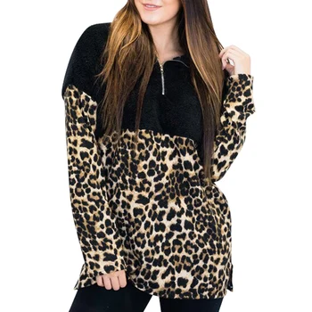 

Fashion Women Leopard Print Patchwork Hoodies Color Matching Zipper Decor Long Sleeve Sweatshirt Autumn Winter Casual Female Top