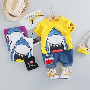 

2020 Toddler Baby Boys Summer Cartoon Shark Tracksuit Cotton T shirt & Denin Shorts sets for Children 0 1 2 Years Boy Outfitters