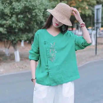 

Elegant Embroidery Women Blouse Shirt Plus Size Spring Womens Tops And Blouses Vintage Big Size Loose Cotton Linen Cardigan 2020
