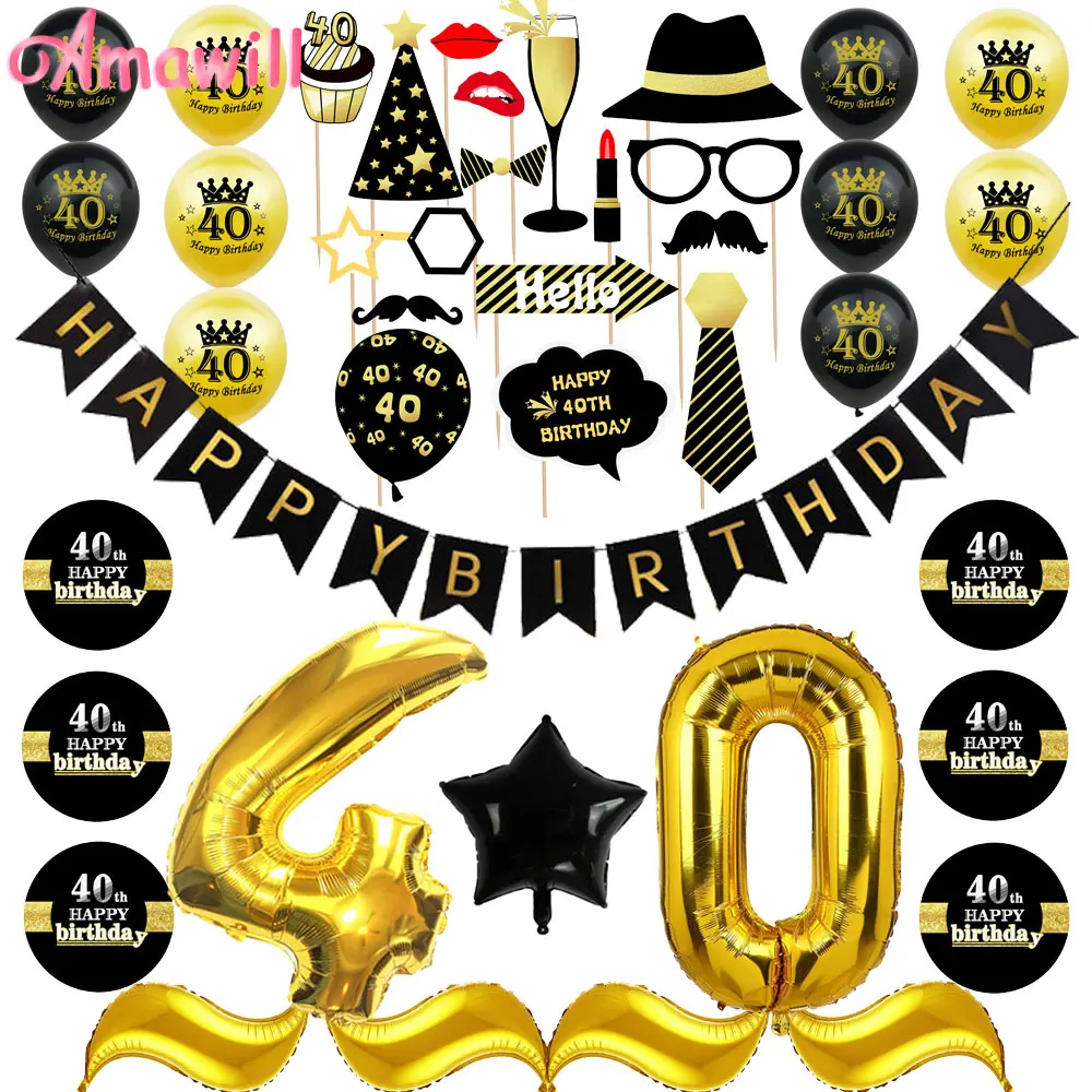 

Amawill Happy Birthday Banner 40th Happy Birthday Balloons Photo Props Stickers Adult Anniversary Birthday Party Decorations 75D