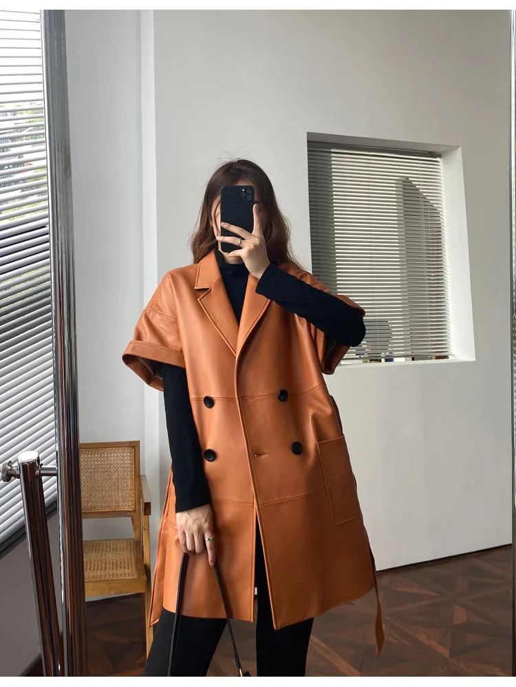 genuine Leather coat 2021 suit collar double-breasted windbreaker short sleeve strap long thin real sheepskin jacket women sexy