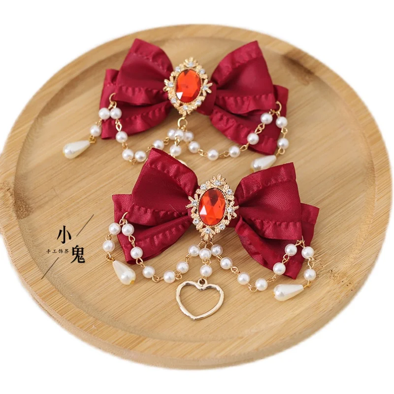 Original Hand-Made Tea Party Lolita Hairpin Cute Sweet Bow Pearl Chain Headwear Princess Cosplay Lolita Halloween Headdress