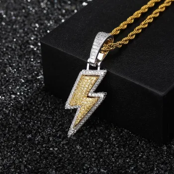 

High Quality Lightning Pendant Full Iced Out Cubic Zirconial Gold Flash Chain Necklace Tennis chain Hip hop Jewelry Gift