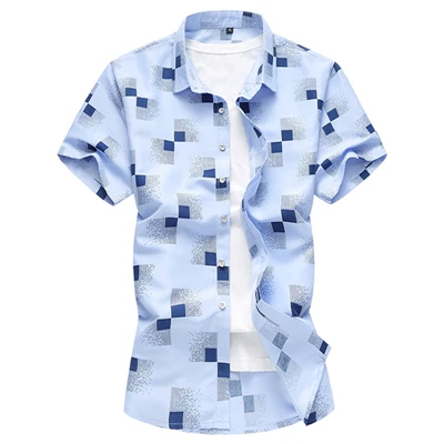 B6933 Light blue Мужские летние клетчатые повседневные свободные рубашки с коротким рукавом, мужские Гавайские пляжные рубашки для отдыха, Camisa Masculina, 5XL, 6XL, 6XL - Цвет: B6933 Light blue