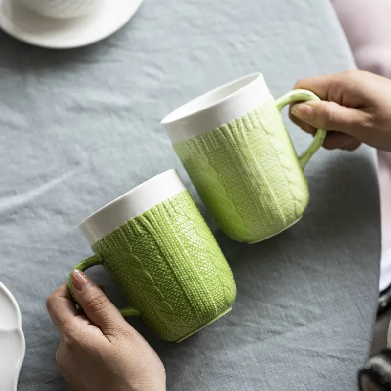 

Nordic style three-dimensional embossed yarn fresh green mug home office ceramic coffee cup mug breakfast cup couple water cup