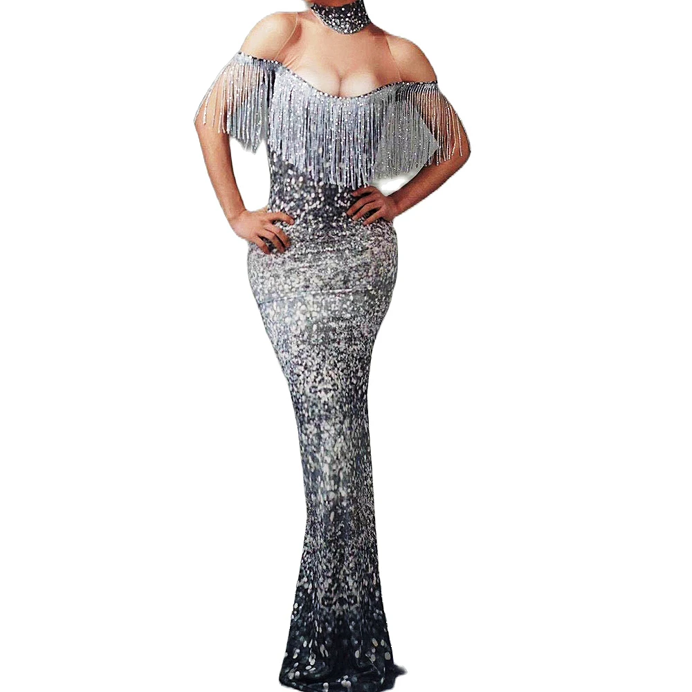 

Sparkling Sequins Rhinestones Fringe Dresses Bag Hip Fishtail Dress Party Dress For Women Nightclub Dance Show Wear Stage Outfit