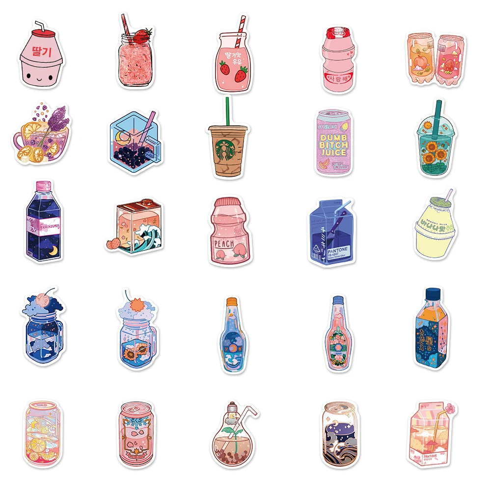 50Pcs Summer Flavored Drink Stickers PVC Kawaii Cartoon Beverage Decal  Stick.ST