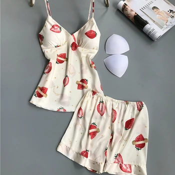 

2020 Summer New Fashion Pajamas For Women Sexy Pyjama Sets With Bra Luxury Silk Made Pijama Female Comfort Night Sleepwear
