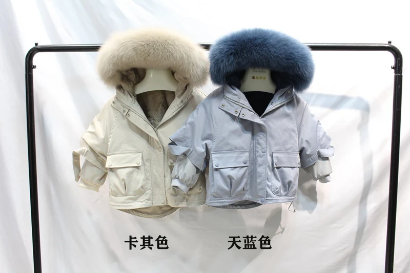 Зимняя куртка для девочек, пальто, парки из натурального меха кролика рекс с капюшоном с мехом лисы, детские куртки «летучая мышь» для мальчиков