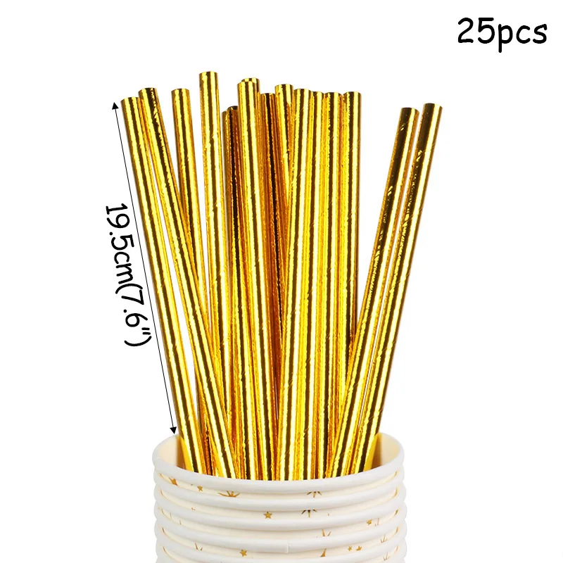 25pcs Paper Straws Одноразовые бронзовые столовые приборы Mr& Mrs Love You для свадебной вечеринки, бумажные кружки, тарелки, салфетки, баннеры для свадебной вечеринки - Цвет: 25pcs Paper Straws