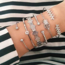 6 шт./компл. женские браслеты винтажные листья ананаса Круглый Кристалл Серебряный Открытый браслет набор модные вечерние ювелирные изделия подарок аксессуары