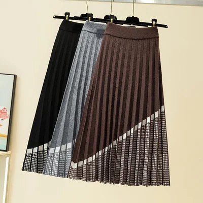 

Banulin Autumn Winter Thick Warm Knit Pleated Skirt Women Geometric Print A Line Long Skirt Elgant Knitted Sweater Skirt Femme