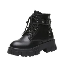 Женские ботильоны на платформе; Ботинки martin; сезон осень-зима; однотонные ботинки на молнии в стиле панк с пряжкой и заклепками на шнуровке; женская обувь