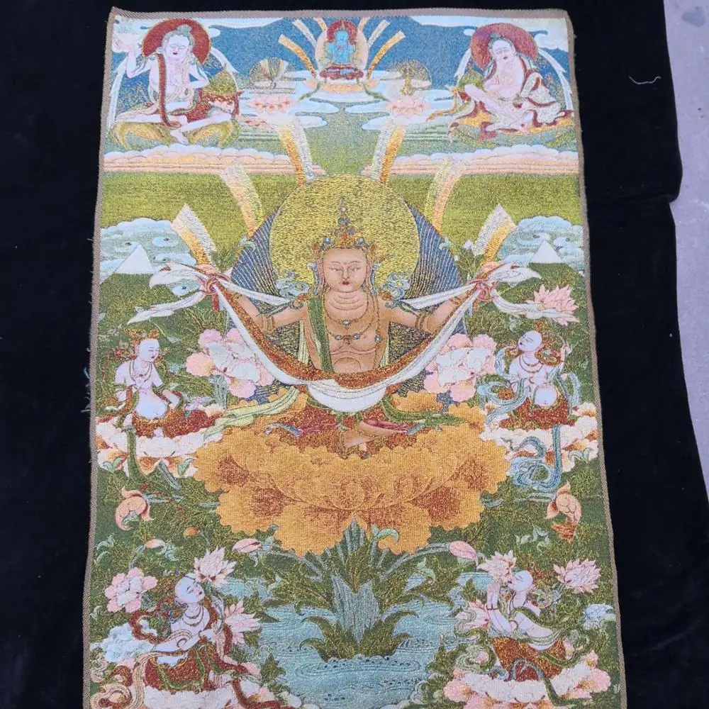 

35"Thangka Embroidery Tibetan Buddhism silk embroidery brocade Nepal Guanyin Bodhisattva Statue Manjushri Thangkas