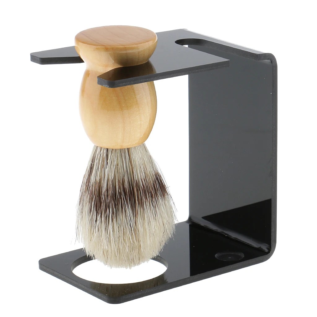 Wood Shaving Brush + Black Plastic Stand + Stainless Steel Smooth Surface Bowl Cup + Soap Set for Men Barber