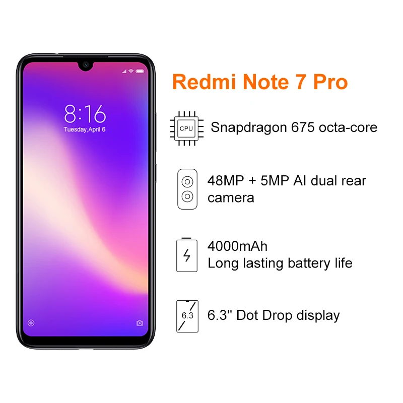 Xiaomi Redmi Note 7 Pro с глобальной прошивкой 6 ГБ 128 Смартфон Snapdragon 675 четыре ядра 48 Мп + 5 МП