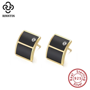 

Rinntin Real 925 Sterling Silver Fashionable Original Designe Stud Earrings Black Enamel AAAA Acorite Earring Female TEQE14