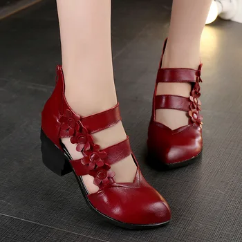 

ALISHINREY 2020 Ethnic Style Genuine Leather Women Sandals Med Heels Closed Toes Handmade Summer Soft Outsole Women Casual Shoes