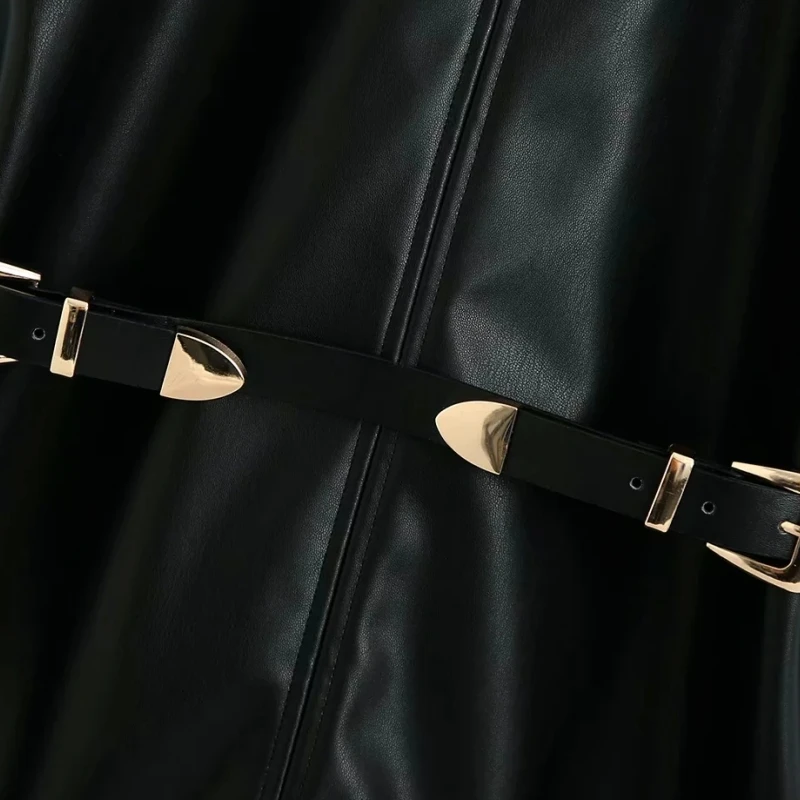 Woman Sashes decoration PU Leather Mini Dress Femme Sleeveless Dresses Lady Loose Clothes Vestido D6353