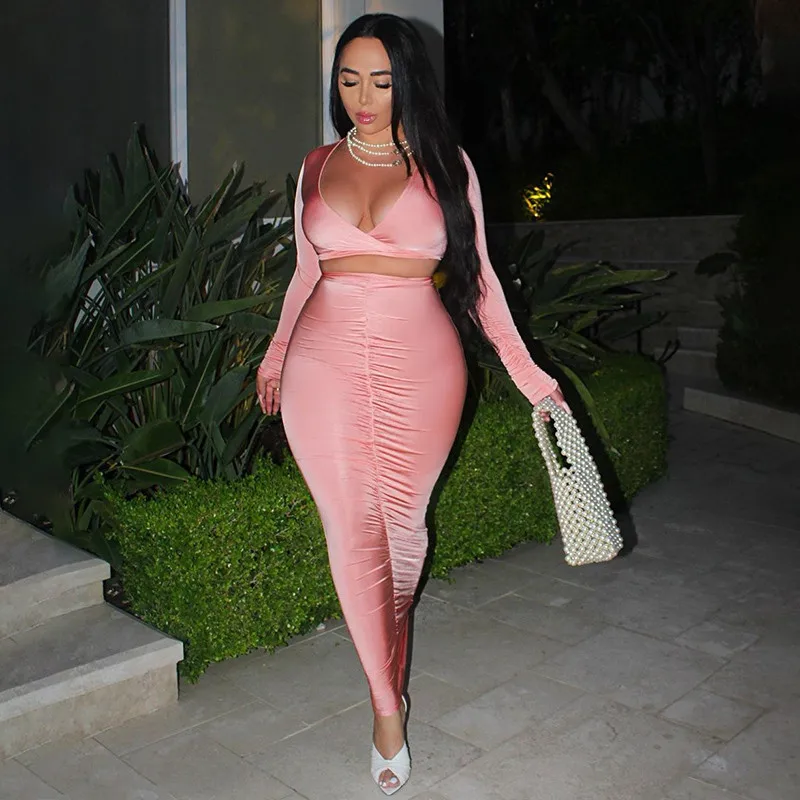 

Women Sexy 2-piece Outfit Set Long Sleeve Deep V-neck Exposed Navel Top+ Ruched Skirt Set