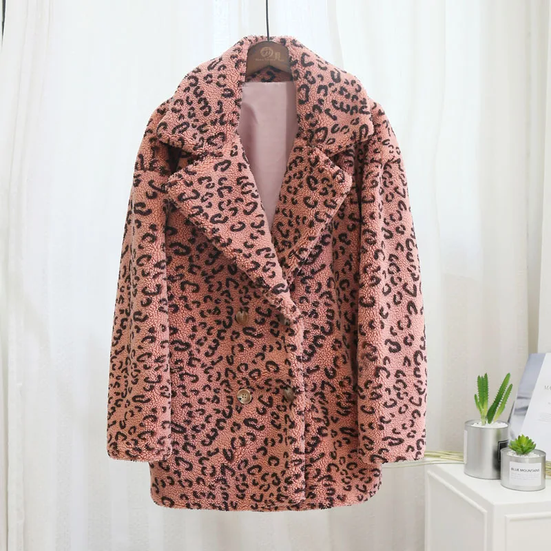 Classic Turn-down Collar Solid Faux Fur Jacket Coat Women Winter Warm Thicken Fake Lamb Overcoats Basic Soft Plush Overwear - Цвет: pink leopard coat