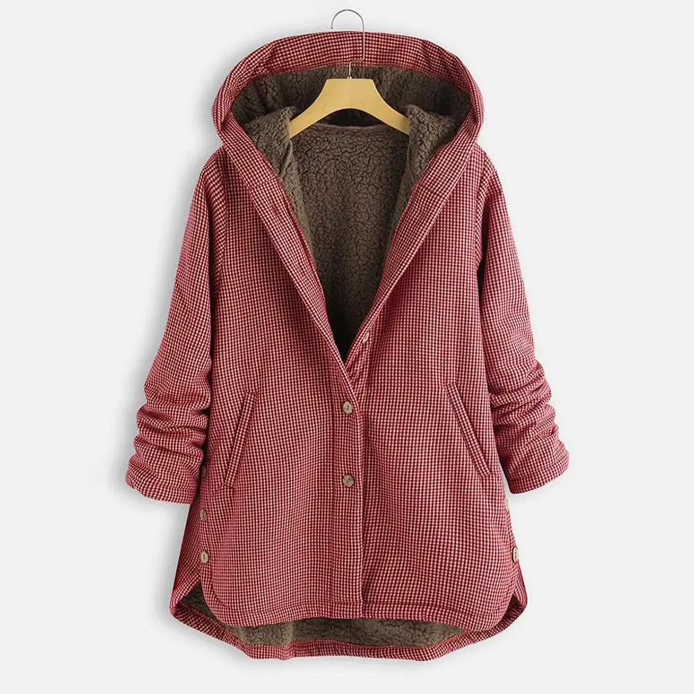 5xl размера плюс клетчатое Фланелевое пальто для женщин с капюшоном, свободная верхняя одежда, зимняя теплая Женская винтажная Асимметричная клетчатая куртка с капюшоном#15 - Цвет: Красный