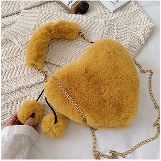 Women Crossbody Bag Plush Heart Handbag Winter long Chain Teenager Girl Storage Organizer Shoulder Bags Shopping Bag - Цвет: Yellow