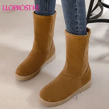 

Lloprost ke Suede Round Toe Winter Boots Flat with Slip-On Snow Boots Velvet Mid-Calf Women Shoes Solid Sewing Black Brown Boots