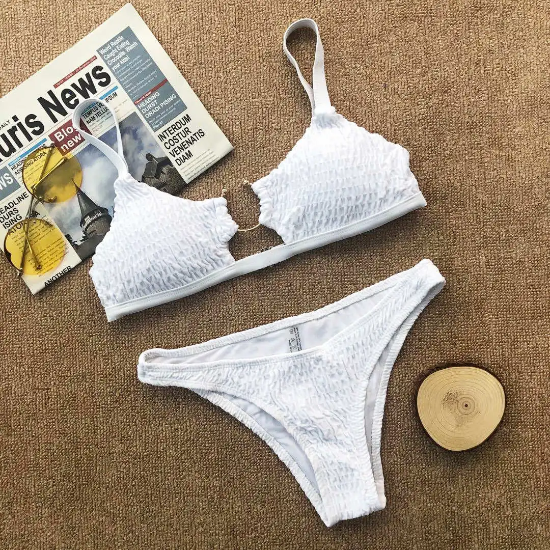 7 Colors Sexy Wrinkled Bikini Women Swimwear Female Swimsuit Two-pieces Bikini set Mid Waist Bather Bathing Suit Swim Lady V2447