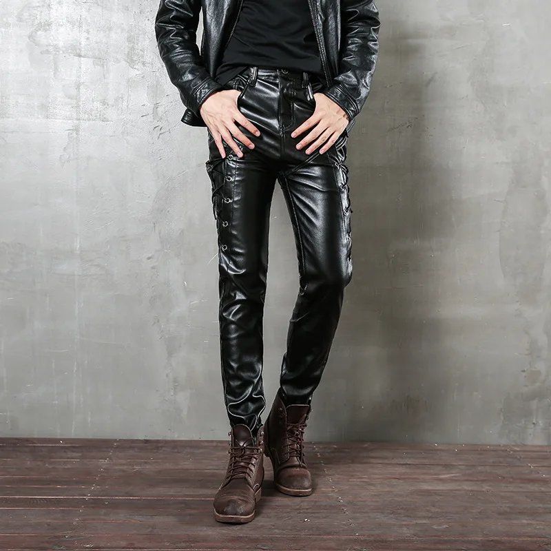 1 шт., мужские кожаные брюки, плюс размер, брюки, осень, искусственный мех, из искусственной кожи, сплайсинга, черные мужские обтягивающие брюки-карандаш - Цвет: Черный