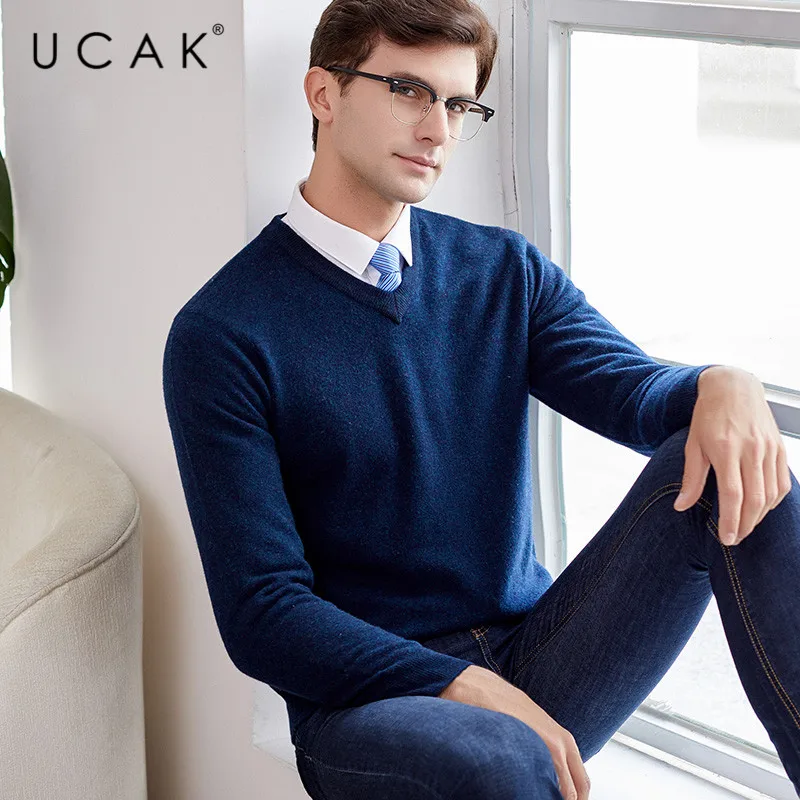 Great Value UCAK Brand Sweaters Men 2019 Autumn Winter V-Neck Solid Pure Merino Wool Casual Pull Homme Sterrtwear Knit Warm Sweater U3122