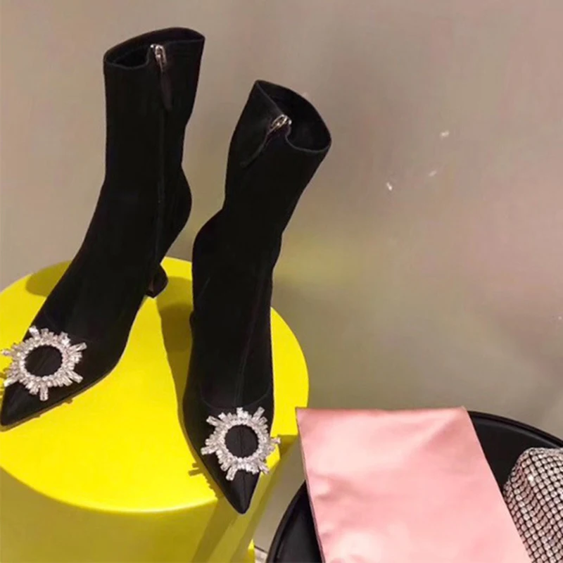 Роскошный дизайн; сексуальный носок; эластичные сапоги; женская обувь на высоком каблуке; украшенные кристаллами ботильоны для женщин
