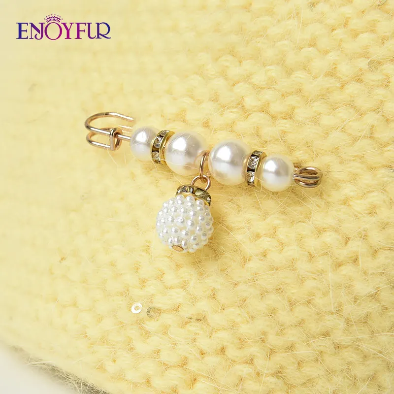 ENJOYFUR Women Winter Warm Knit Hats Real Angora Wool Female Caps Fashion Cuffed Casual Rhinestone Brand Ski Skull Beanies New 4