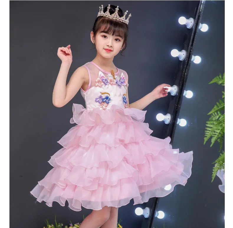 Pudcoco/летнее кружевное платье с единорогом для девочек Новинка года, платье принцессы для девочек-подростков платье-пачка розового цвета с оборками для детей возрастом от 2 до 8 лет