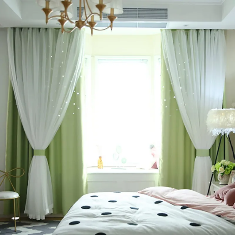 Скандинавские Ins современные Тюль+ черные двойные шторы со звездами и кисточками, черные жалюзи, оконные шторы для гостиной, высокое качество - Цвет: Зеленый