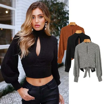 

Women Sexy Knitted Sweater Autumn Winter Long Sleeve Solid Color Slim Pullovers Female Backless Bow Top Sweater Short Jumpers