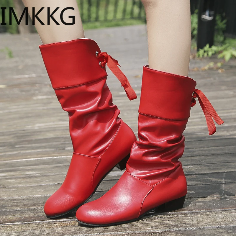Botas de media caña para Mujer, zapatos de tacón bajo con cordones, color rojo, blanco,