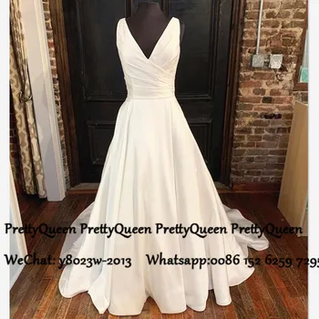 

Vintage White Satin Wedding Dress For Women 2020 Long Chapel Train V Neck Sleeveless Bridal Dresses Vestido De Noiva