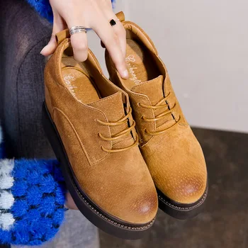 

Season 2020 Genuine Leather Women's Shoes Lace Thick Bottom Inside Increase 10cm Casual Shoes Women's Singles Shoes