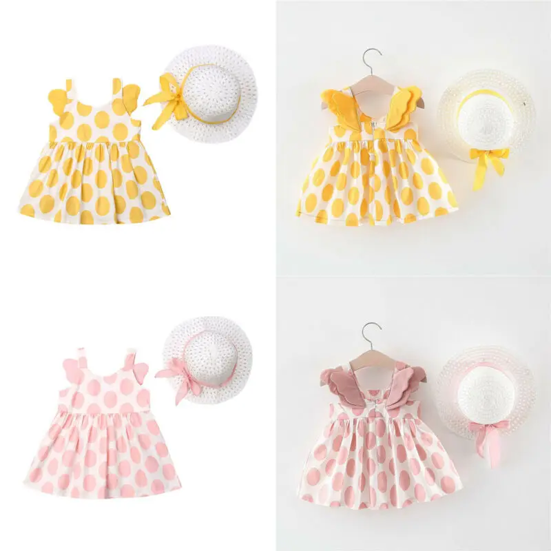 

Pudcoco Newborn Toddler Kids Girl Summer Clothes Sundress Print Dot Back Wing Dress+Straw Sunhat Fashion Cute Outfits Set